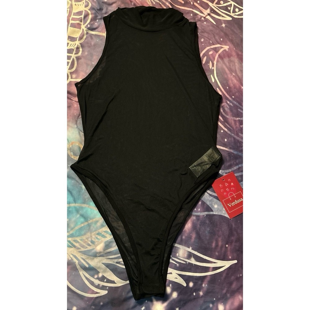NEW Verdusa Women's Black Sheer Mesh Sleeveless High Neck Bodysuit, M